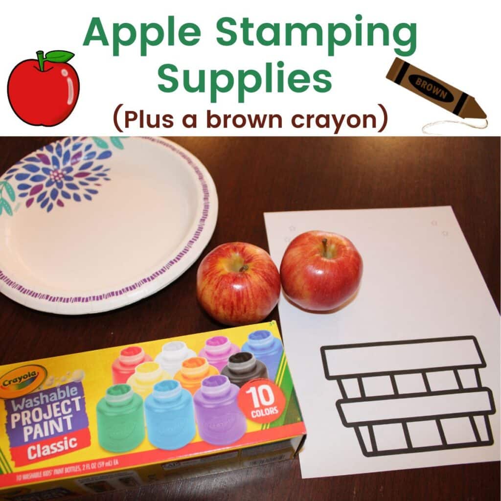 apple stamping supplies - a brown crayon, apples, paper plates, crayola paint, the apple basket template pdf