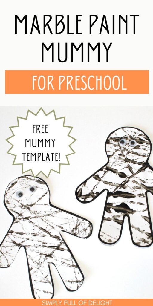 Marble paint easy preschool mummy craft - looking for a Halloween mummy craft for kids?  Check out this adorable marble paint mummy craft!  Get the free printable mummy template pdf today!