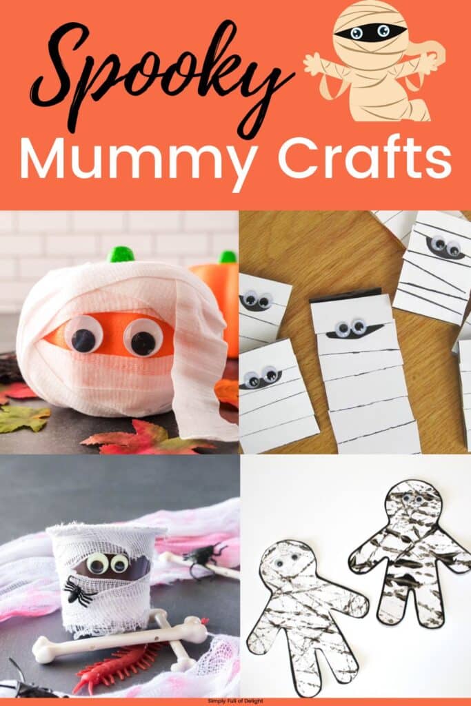 Spooky Mummy Crafts for Halloween - tons of mummy craft ideas for kids!  Find the perfect easy Halloween craft for kids! - shown pumpkin mummy, torn paper mummy, marble paint mummy craft and pudding cup mummy