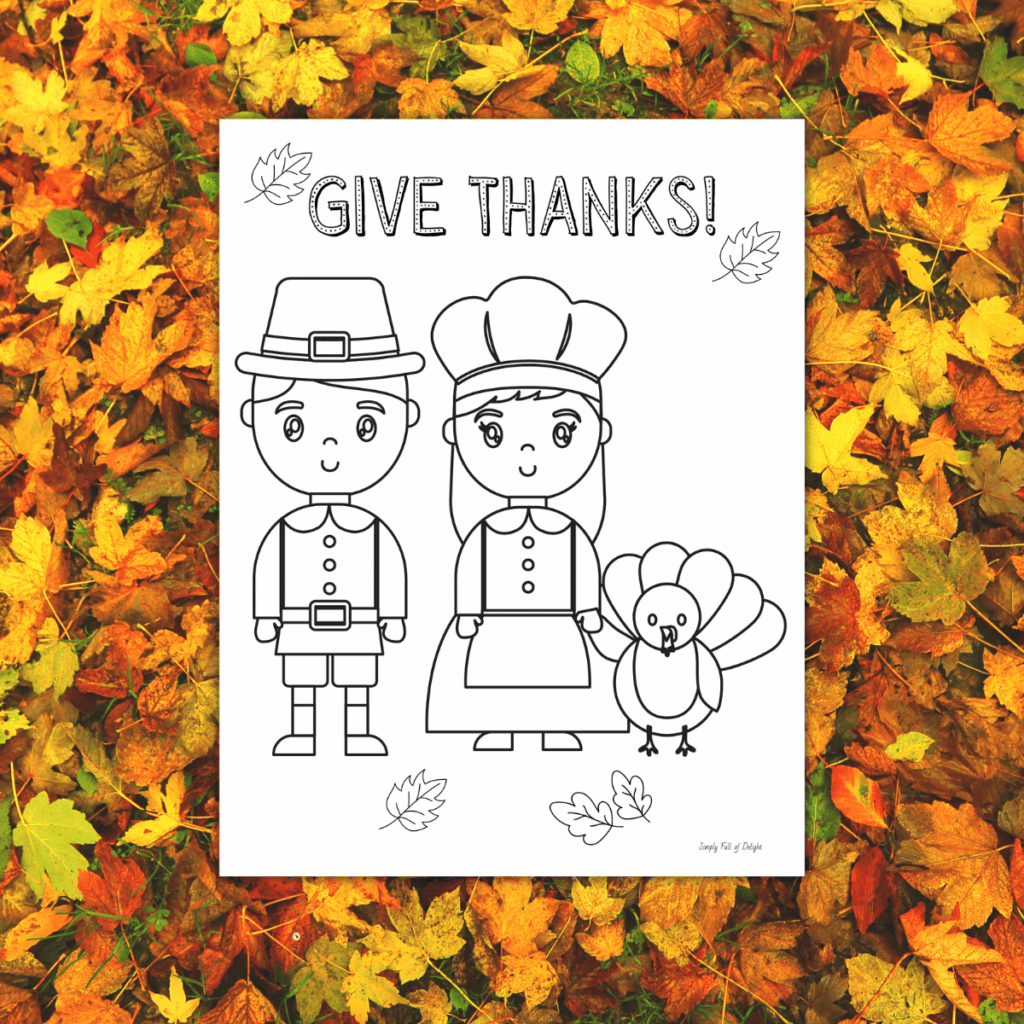 Give Thanks Pilgrim Coloring Page for Preschool - free printable thanksgiving coloring sheet