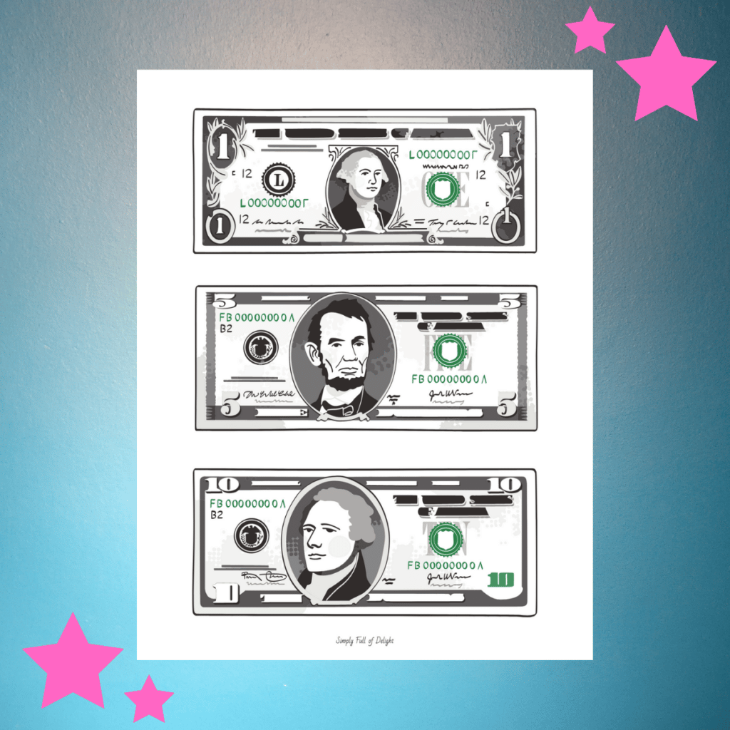 Realistic Paper Money for kids - free printable dollar bill, 5 dollar bill and 10 dollar bill.
