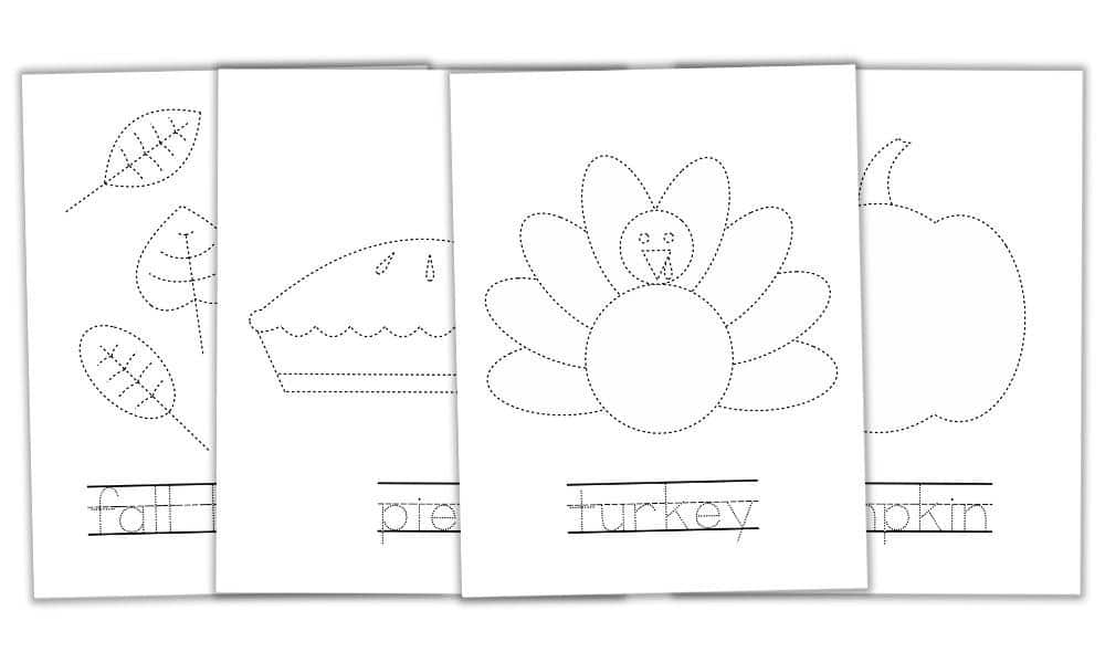 thanksgiving tracing worksheets for preschool from The Craft-at-Home Family.  Includes a turkey, pumpkin, pie, and leaves