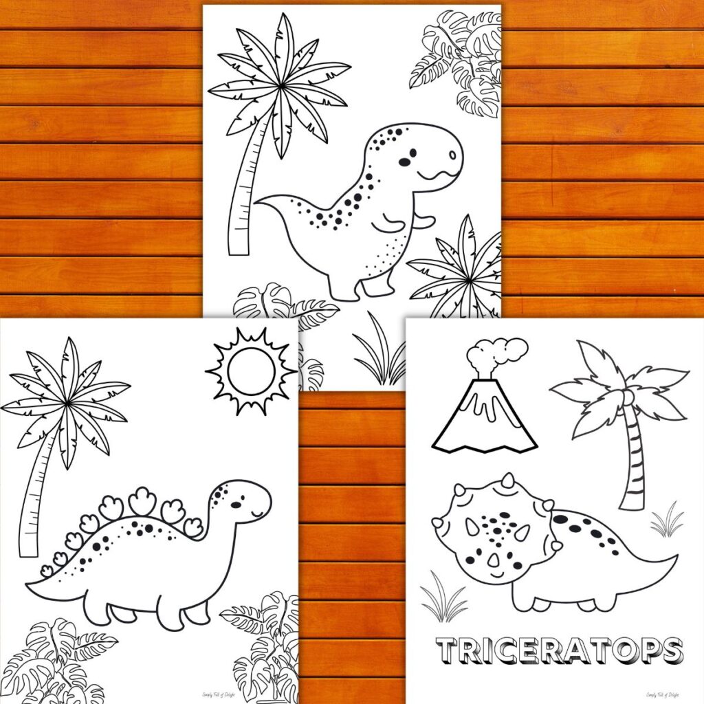 free printable baby dinosaur coloring pages including a t rex, a stegosaurus and a triceratops - Dinosaur Activities for Preschoolers.