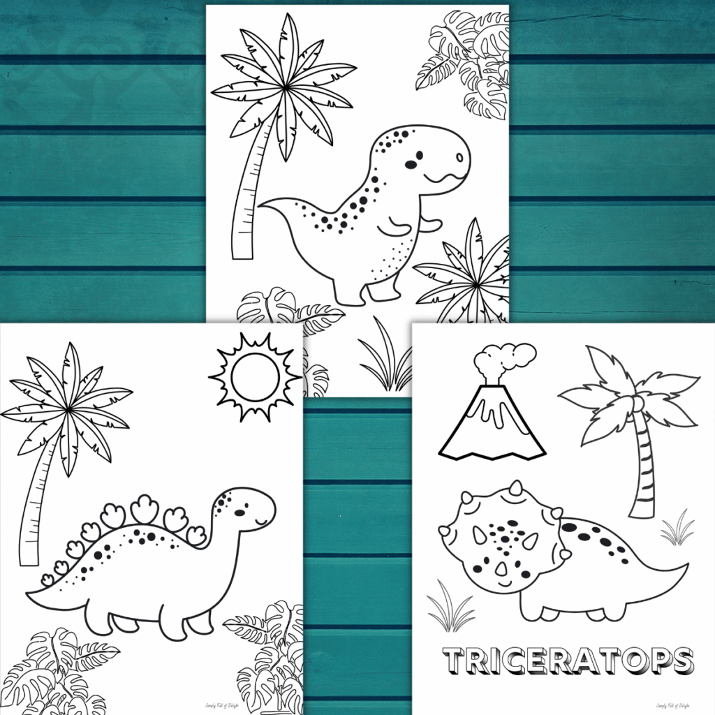 free printable baby dinosaur coloring pages including a cute tyrannosaurus rex, a triceratops, and a stegosaurus.  Great for preschool, kindergarten and dinosaur lovers!