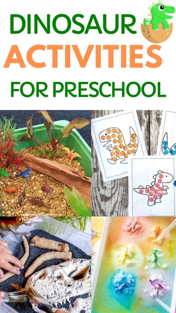 Dinosaur Activities for Preschool - 30 of the best Preschool Dinosaur Crafts, free printables, Dinosaur sensory activities, and more!  Everything you need for a preschool dinosaur unit theme!  Shown: dinosaur sensory bin, dinosaur bones craft, dinosaur dot marker printables, and fizzy dinosaur eggs