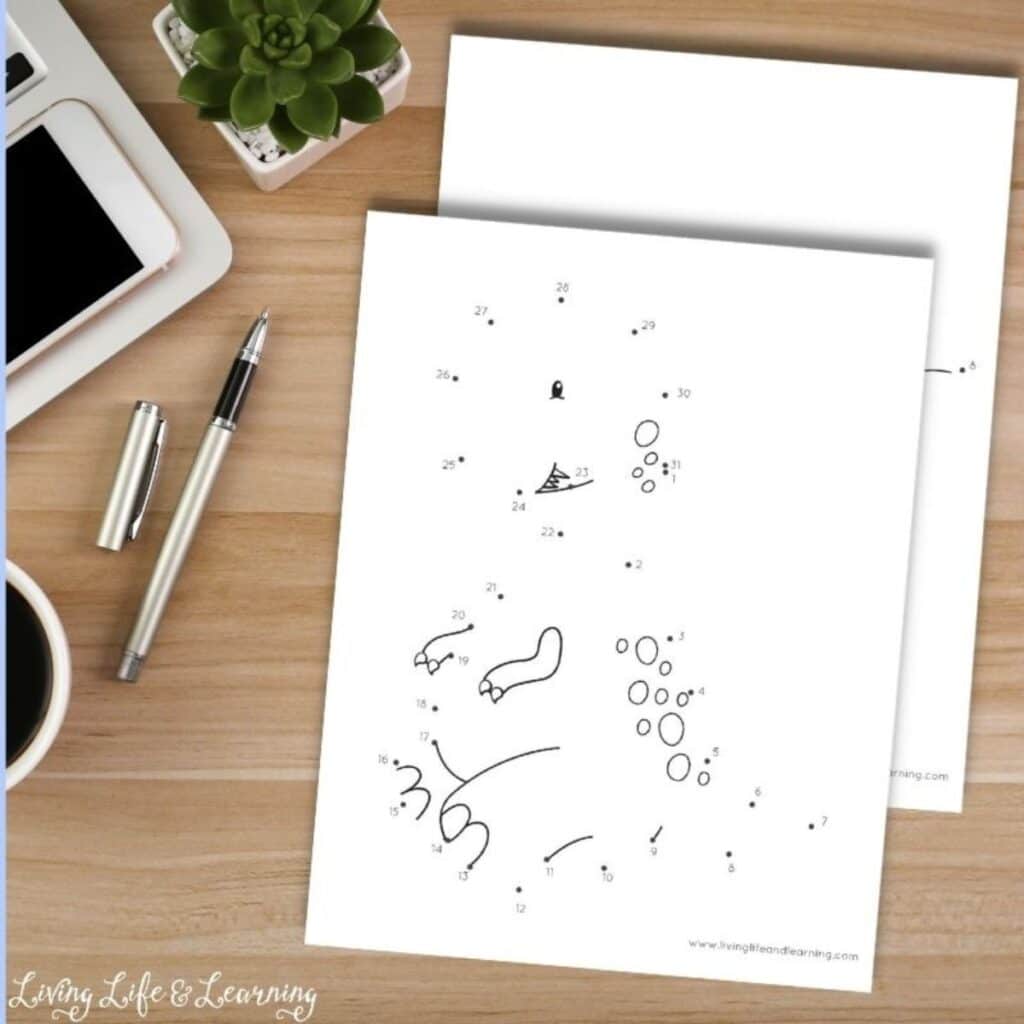 dinosaur connect the dots printables by Living Life and Learning