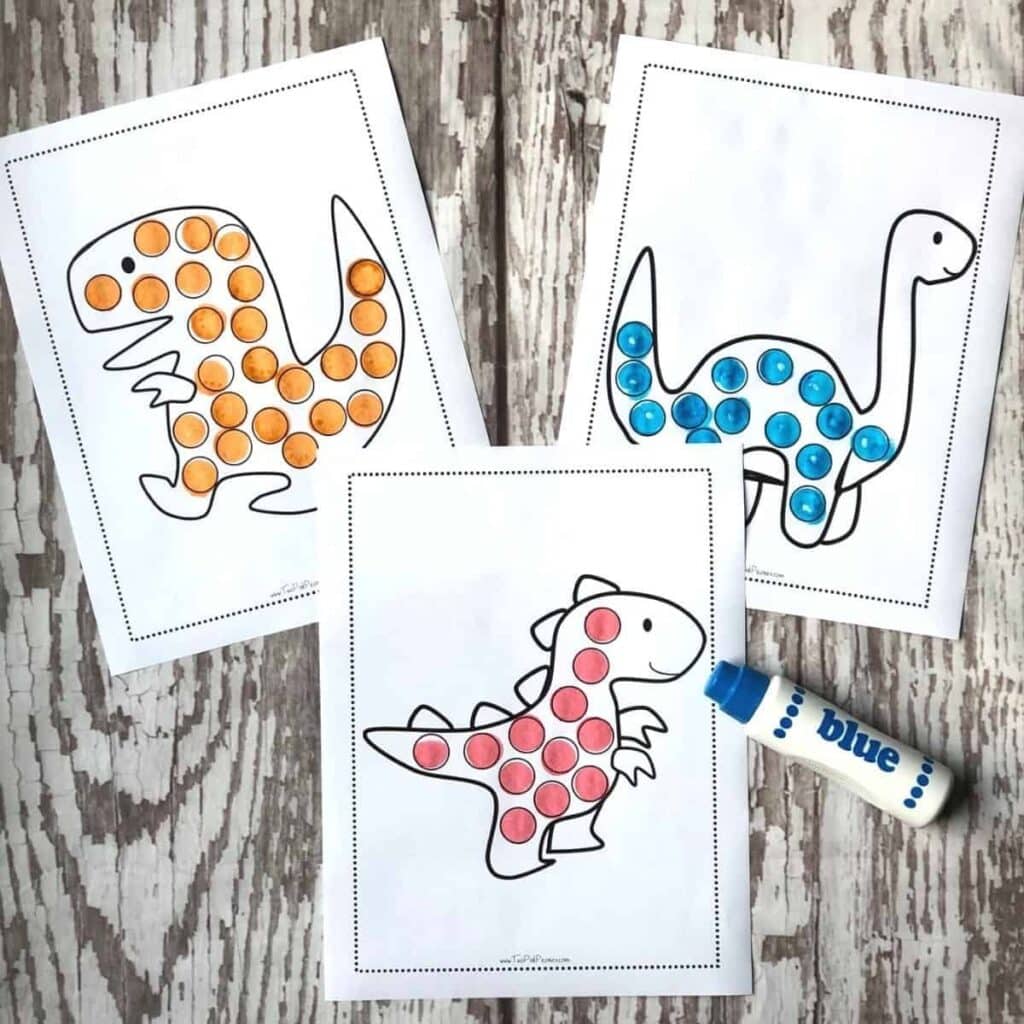 free printable dinosaur dot marker pages by Two Pink Peonies