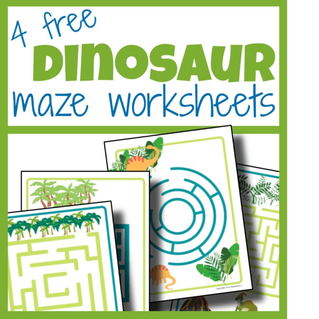 4 free printable dinosaur maze worksheets from Organized 31
