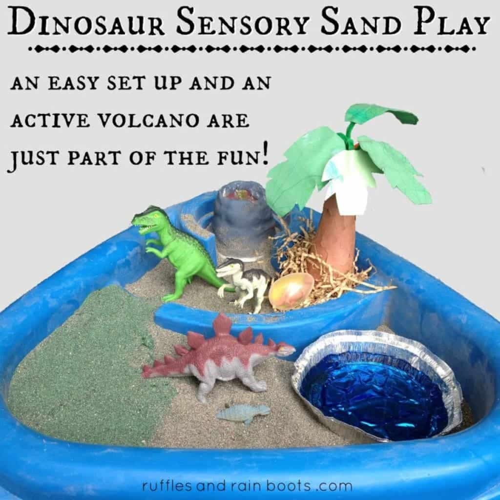 Dinosaur sensory table by Ruffles and Rainboots - sensory play table with blue water, sand and dinos