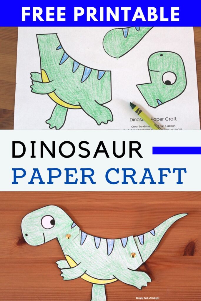 Easy paper dinosaur craft for kids- a free printable dinosaur pdf with moveable tail and head.