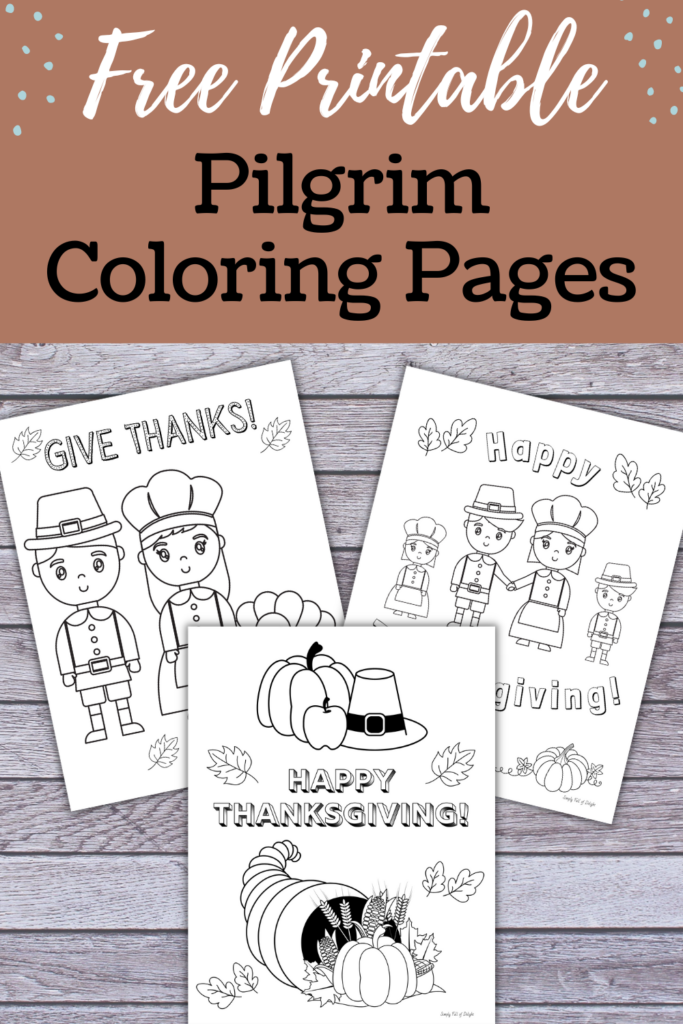 Cute Thanksgiving Pilgrim coloring pages for kids - find 3 free printable pilgrim coloring sheets perfect for autumn activities for kids.  Great for teaching about the first Thanksgiving shown: pilgrim family, cornucopia and pumpkin , and a pilgrim boy and girl coloring page