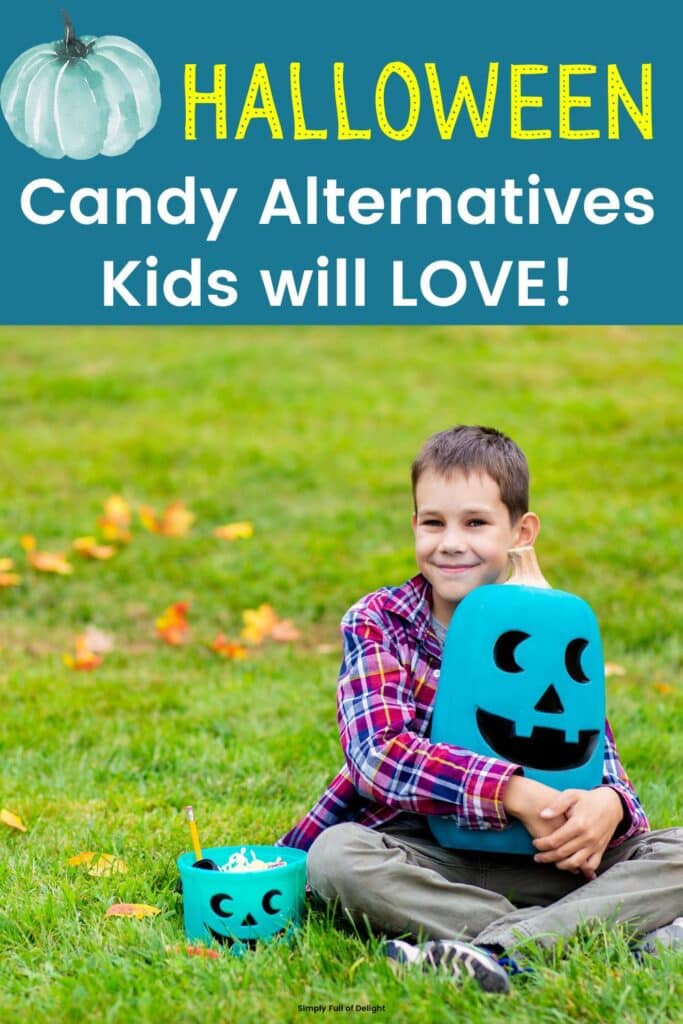 Halloween Candy alternatives kids will love - child shown holding a teal pumpkin