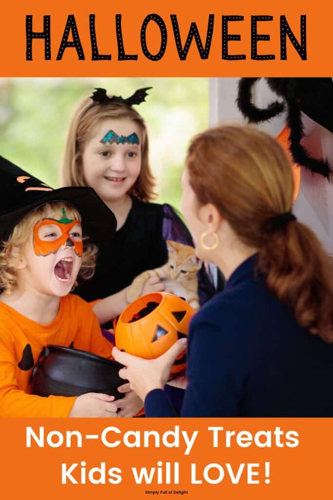 Halloween Non-Candy Treats Kids will Love!  - Find 51 of the best candy alternatives for Halloween - shown:  Children trick-or-treating and a mom giving out treats