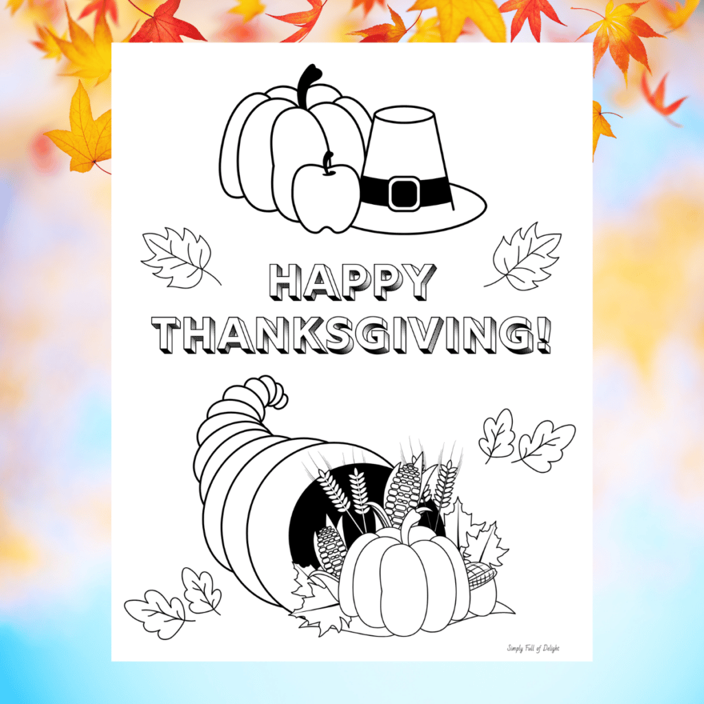 Happy Thanksgiving Coloring sheet - free printable PDF features a cornucopia with pumpkins, pilgrim hat and more!