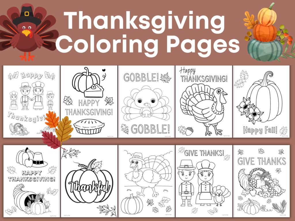 Thanksgiving coloring pages set from my Etsy shop - 10 printable coloring pages including turkeys, pumpkins, pie, pilgrims and more!