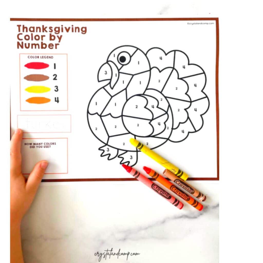 Color by number printables by Crystal &CO. - turkey color by number shown
