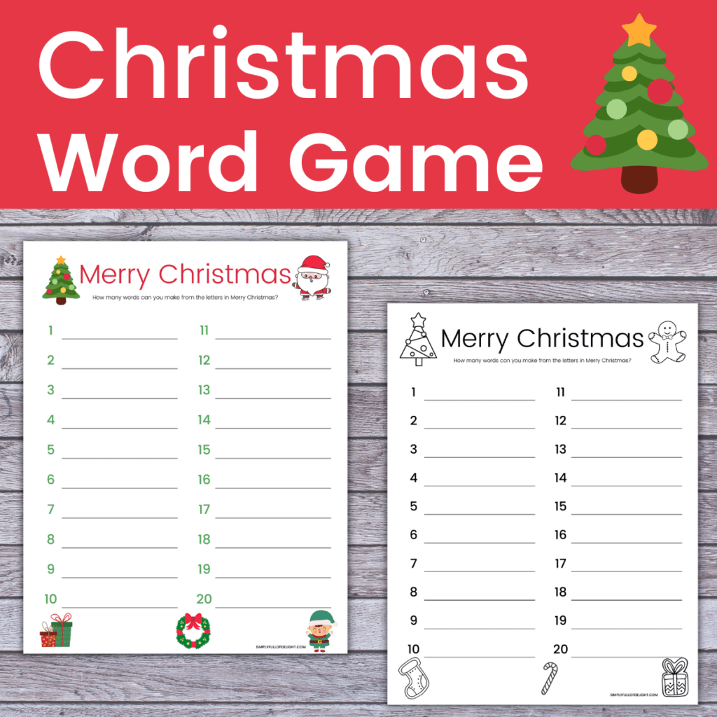 Christmas word game both full color and black/white version -  How Many Words Can You Make From Merry Christmas Printable  - free printable Christmas game