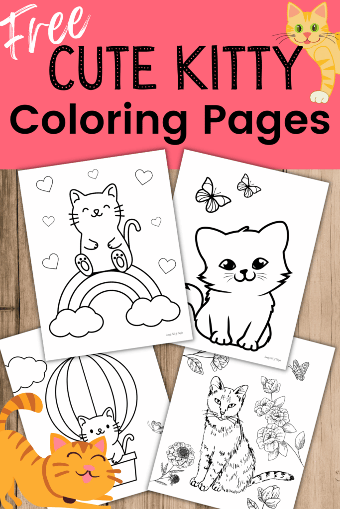 Free Cute Kitty Coloring Pages - instantly download 4 free printable cat coloring sheets for kids - coloring pages featuring cats with a rainbow, hot air balloon and more!