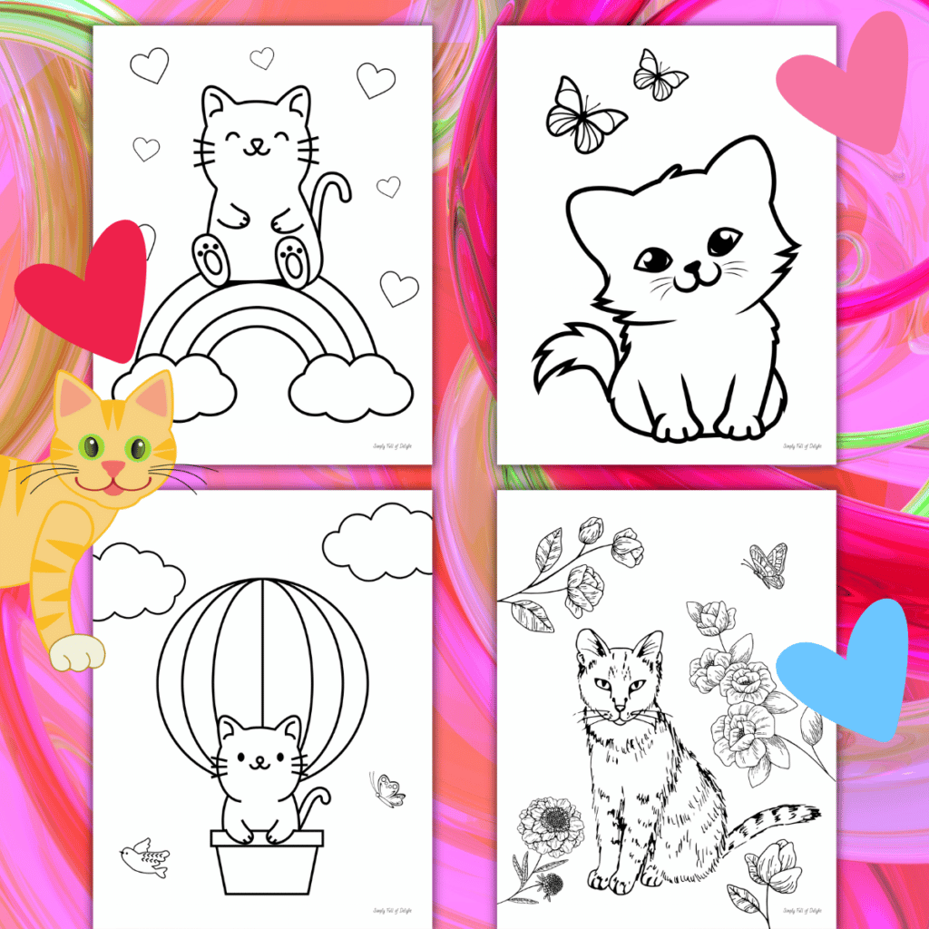 Coloring Page with Cat. Drawing Kids Game. Printable Activity