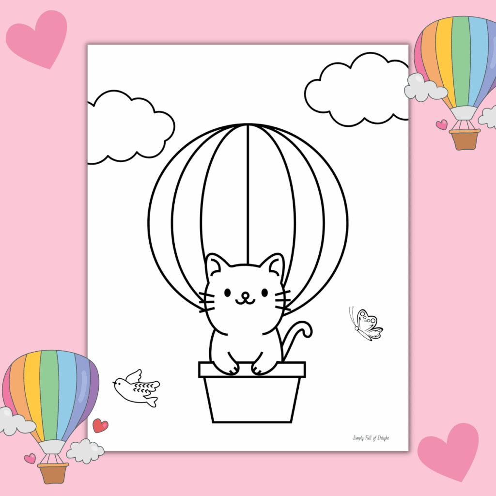 Cute kitty in a hot air balloon coloring page - features a free coloring sheet with a cat inside a hot air balloon, clouds, a bird and a butterfly