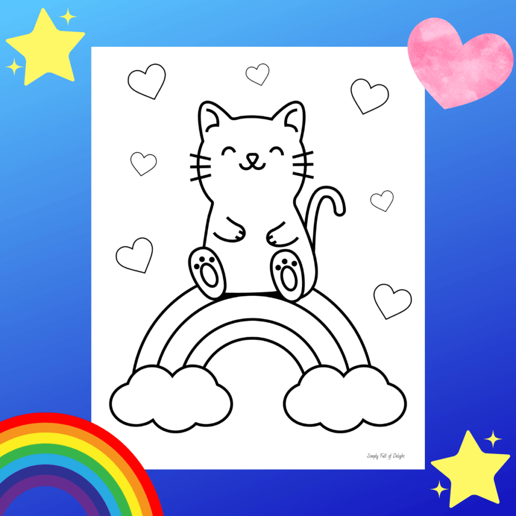 Cute Kitty on a Rainbow Coloring Page - free printable cat coloring sheet featuring a cat sitting on a rainbow with clouds and surrounded by hearts