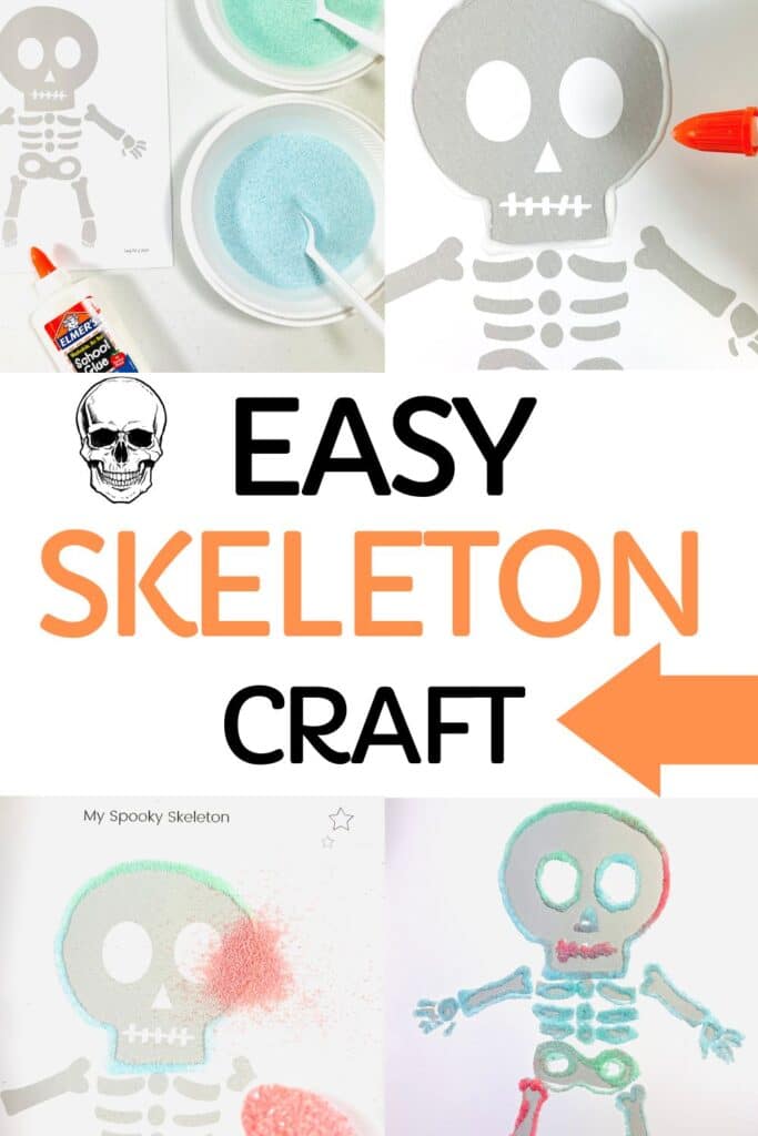 Easy Skeleton Craft for kids- supplies shown including colored sand, skeleton template, and glue, person adding glue to the template, kid adding sand, and then completed skeleton craft, 