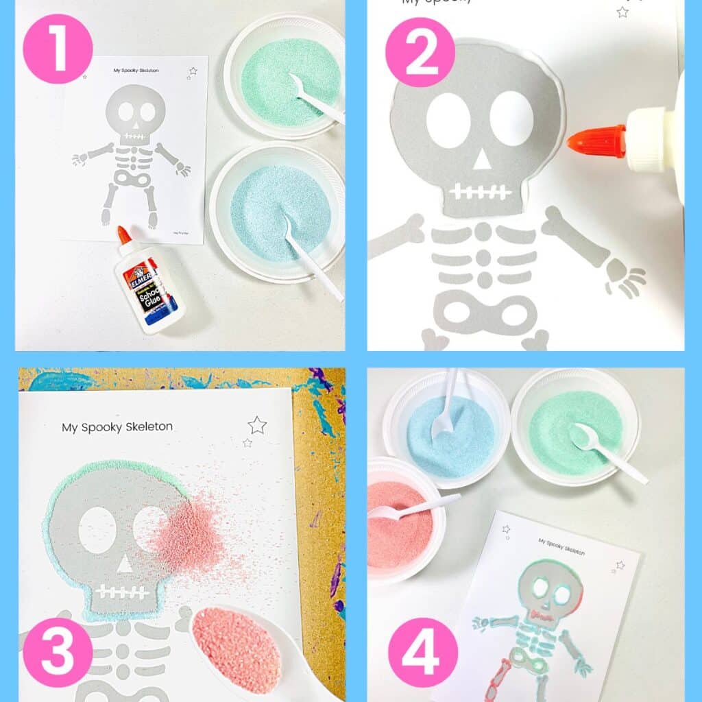 How to make an Easy Skeleton Craft - Preschool Sand Art - Step 1 Gather supplies including colored sand, glue and template, step 2 outline skull in glue, step 3 add sand, step 4 continue to add glue then sand until the skeleton is complete.