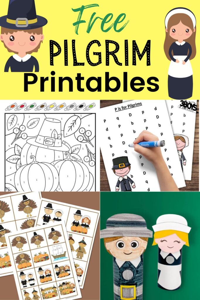 Free Pilgrim Printables for Kids - Find free printable Thanksgiving activities for preschool and elementary school kids!  There's toilet paper roll pilgrims, P is for Pilgrim worksheet, Pilgrim matching game, and Color by Number Pilgrim hat page, plus tons of Pilgrim Coloring pages and Pilgrim dot to dot pages as well!