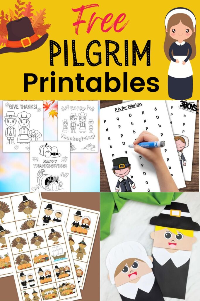Free Pilgrim Printables for kids - Amazing Thanksgiving activities for kids!  There's free pilgrim coloring pages, pilgrim matching game, pilgrim puppets and p is for pilgrim worksheets 