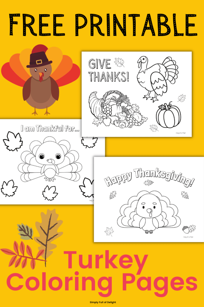 Free printable Preschool Turkey Coloring Pages!  Find 3 instant download pdf Thanksgiving coloring sheets for kids including turkey with Happy Thanksgiving, a cornucopia, and an I am thankful turkey page