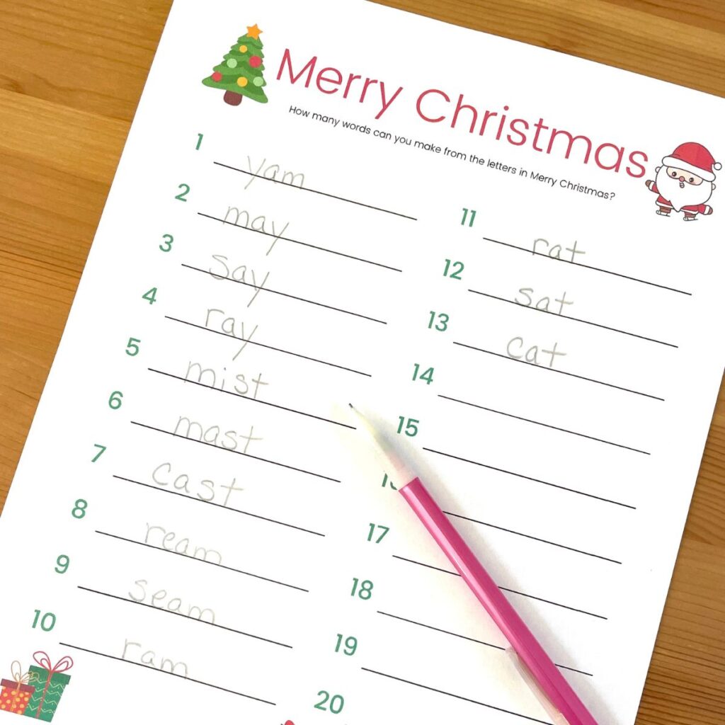 How Many Words Can You Make From Merry Christmas Printable  - free printable Christmas game shown with pencil