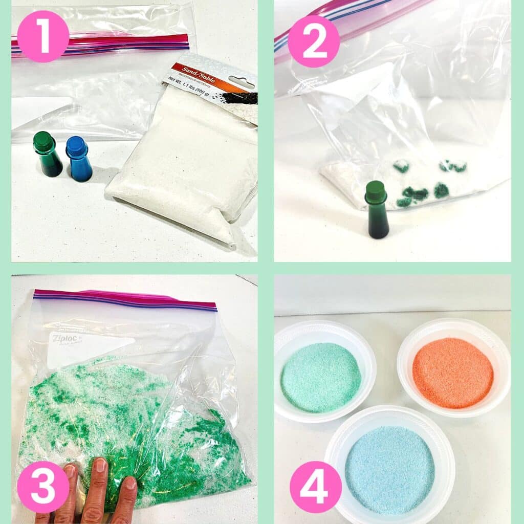 how to make colored sand for sand art.  Step 1 gather supplies: ziploc bag, food coloring, and sand  Step 2: Add sand to bag with drops of food coloring, Step 3: mix the dye with sand Step 4 shows completed colored sand