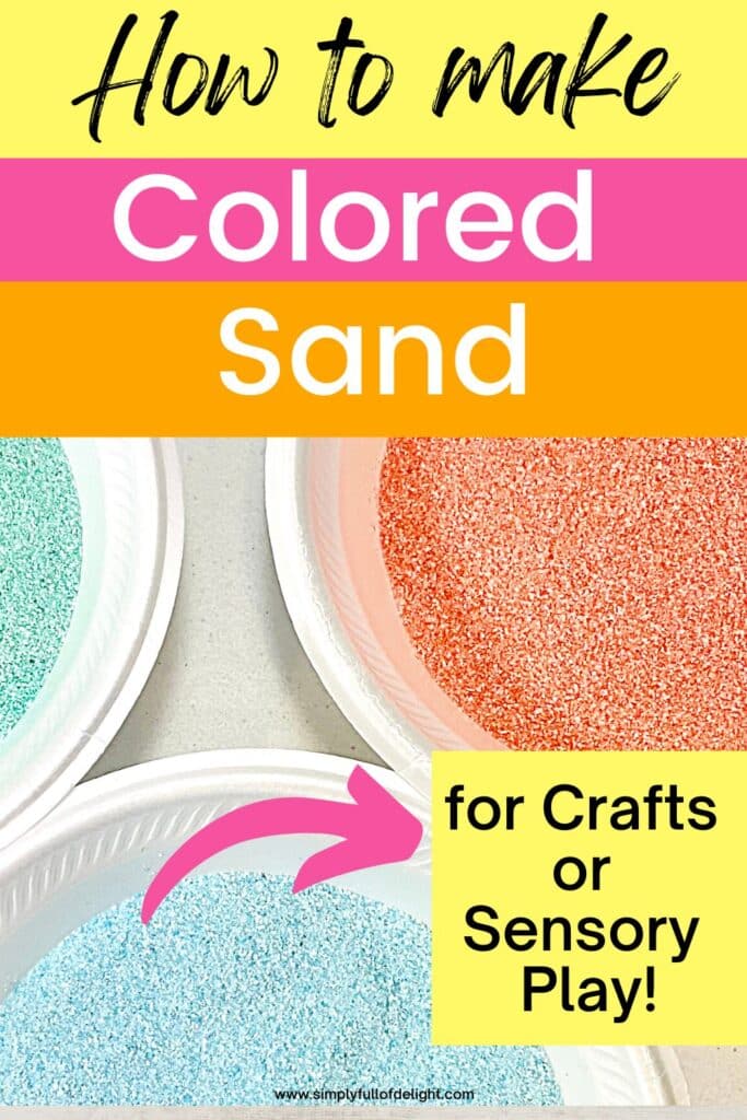 How to make colored sand for sand art and craft or sensory play.   Make your own DIY colored sand with just 3 items! Shown - 2 colors of colored sand shown including green, blue, and red