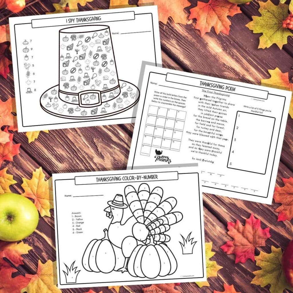 I spy Pilgrim hat  by Literacy learn, along with a color by number turkey and a Thanksgiving poem