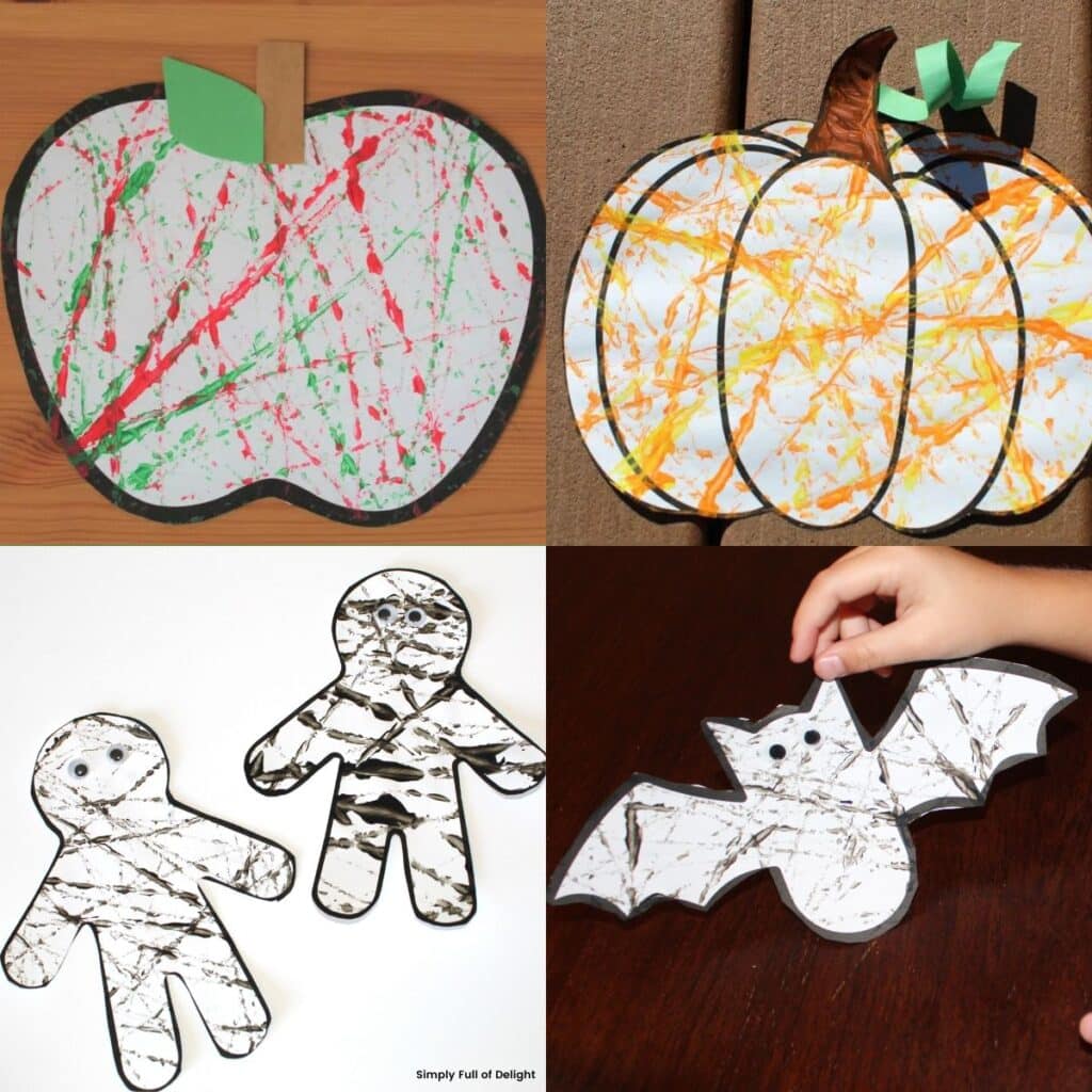 painting with balls ideas for kids - Free printable templates for your ball painting crafts! Marble paint apple craft, pumpkin marble paint craft, mummy ball painting craft and bat ball paint craft