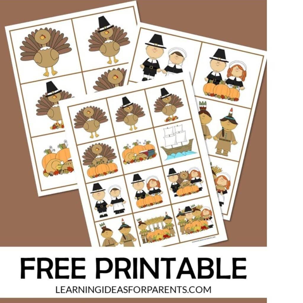 Thanksgiving Memory game featuring pilgrims by Learning Ideas for Parents