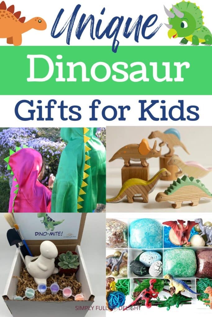 Unique Dinosaur Gifts for Kids - find the perfect gift for dinosaur lovers!  There's the best dinosaur toys, clothing, games and more!  Shown: dinosaur cape, wooden dinosaurs, succulent dinosaur craft kit, and play dough dinosaur kit