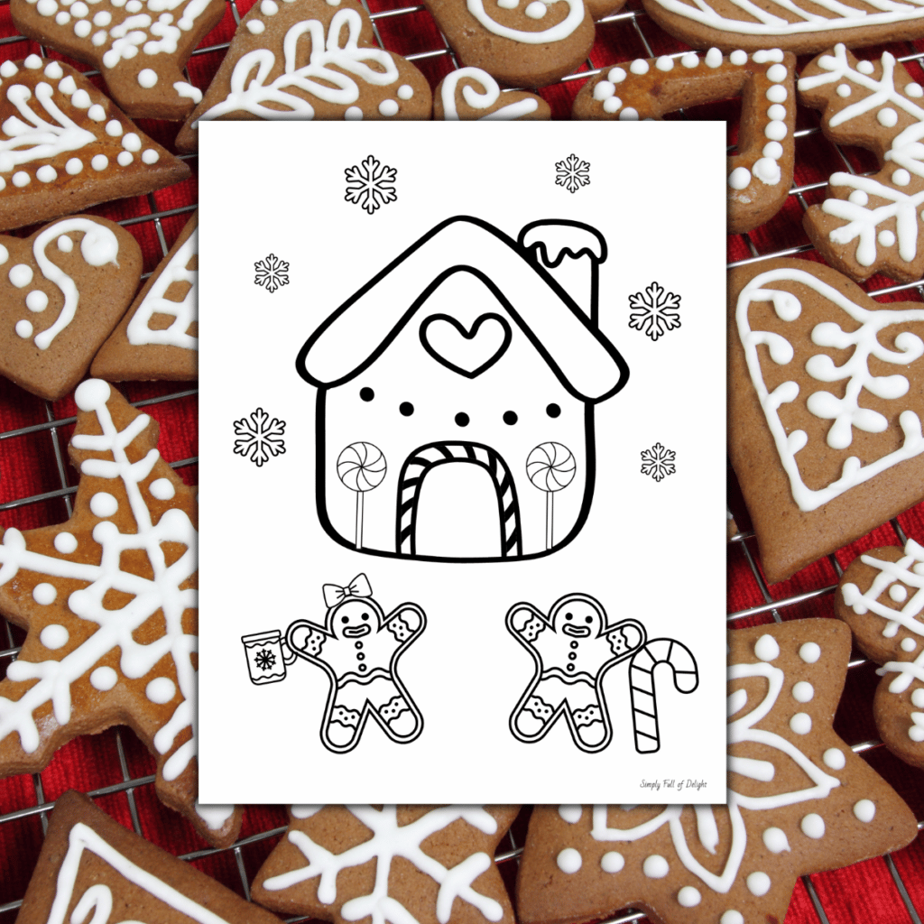 Christmas Gingerbread man coloring page featuring a girl and a gingerbread boy with a gingerbread house.