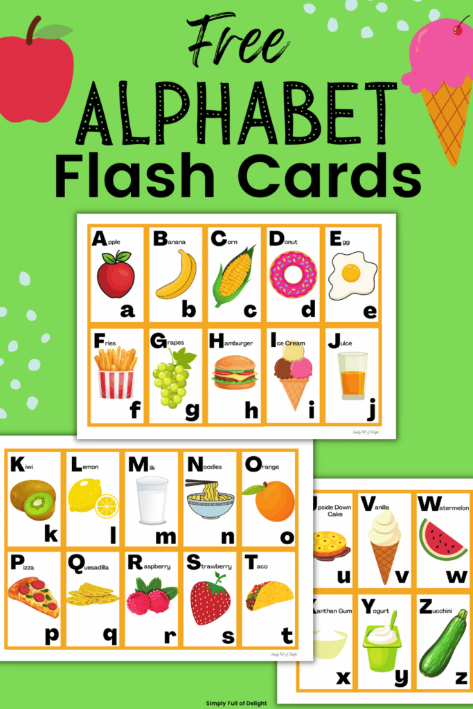 Free Alphabet Flash Cards for preschool - Teach the abcs with these cute food themed abc flashcards