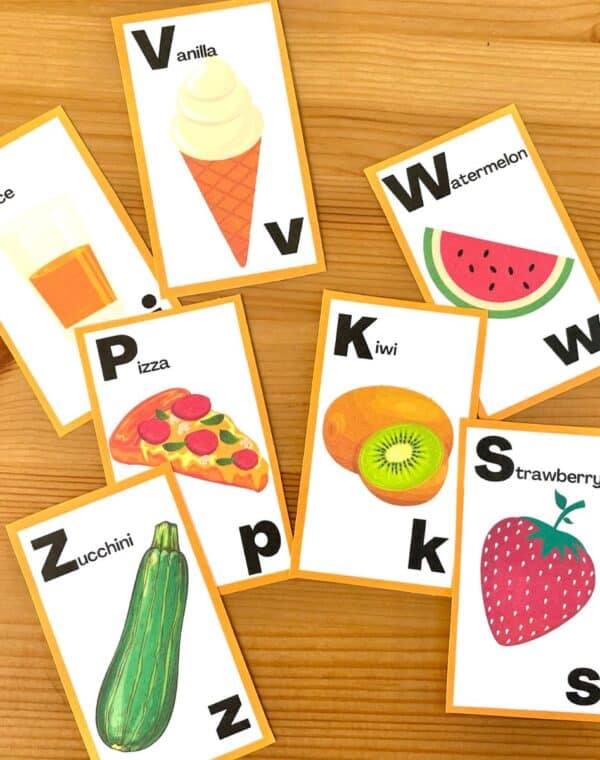 free printable alphabet flash cards featuring food
