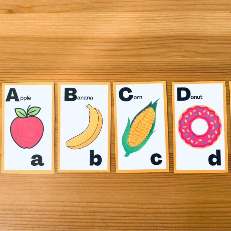 Free printable alphabet flash cards food themed 