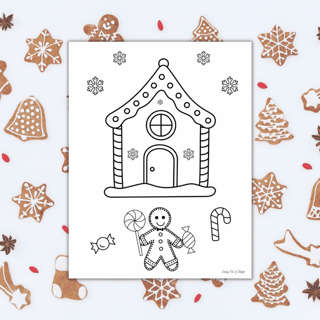 Gingerbread man and Gingerbread house coloring page - free printable shown on background of gingerbread cookies