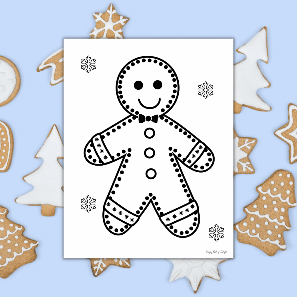 The Gingerbread man Coloring Page free printable - a Christmas coloring sheet featuring a large gingerbread man surrounded by snowflakes