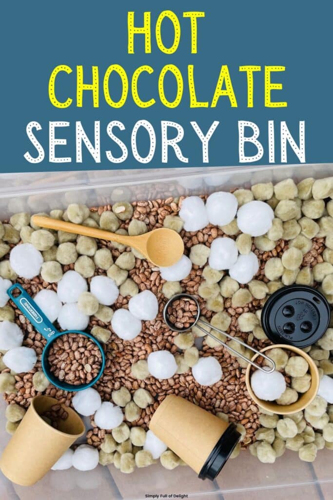 Hot chocolate sensory bin - a fun winter sensory activity for preschool!  This hot cocoa sensory bin is filled with beans, pom poms, coffee cups, and more!  Kids will enjoy serving up hot chocolate to each other!