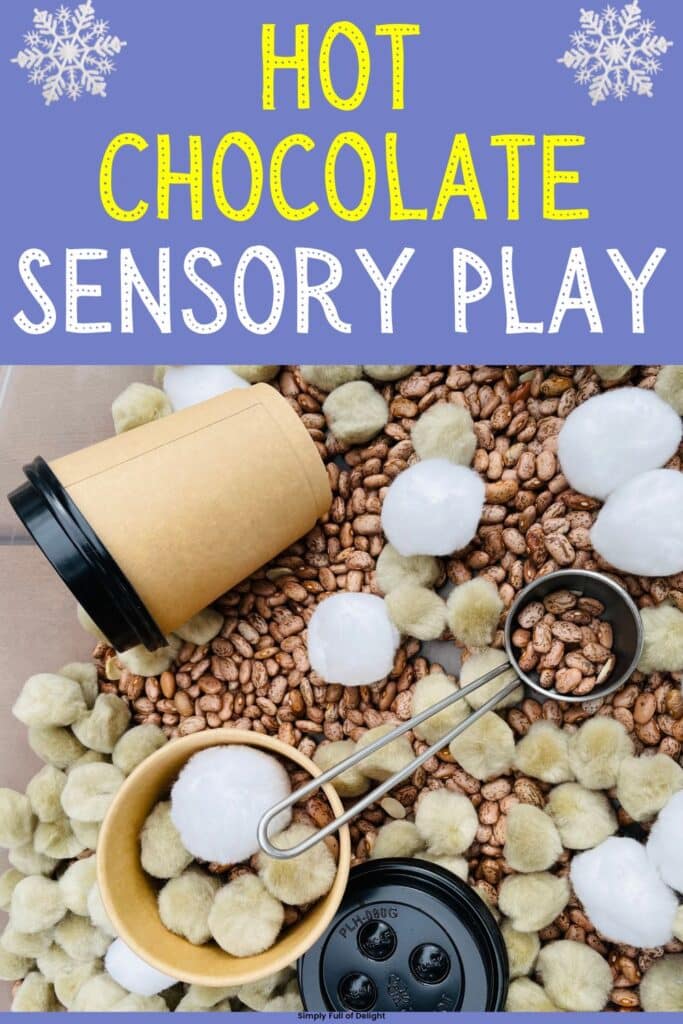 Hot Chocolate Sensory Play - a fun winter sensory bin for preschool - kids can scoop the pom poms, beans, and create hot cocoa in this sensory bin