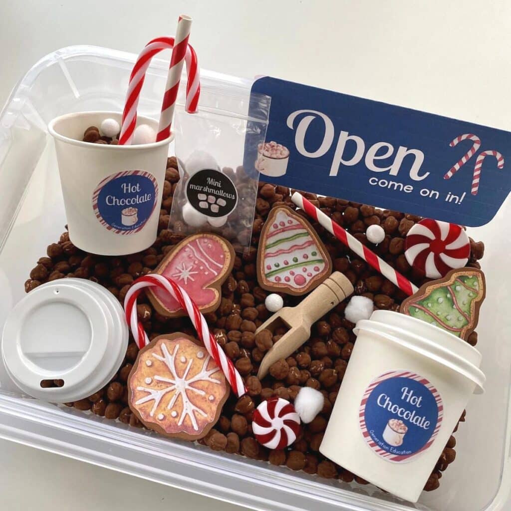 Hot chocolate sensory bin by Generation Education