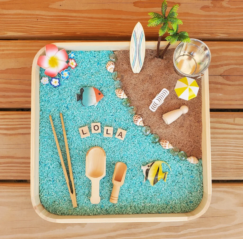 beach and ocean sensory bin by Little Bee sensory