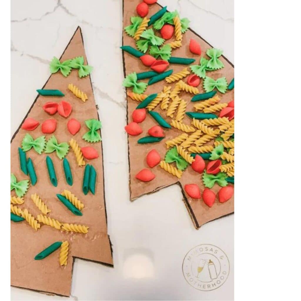 cardboard christmas tree pasta craft by Mimosas and Motherhood