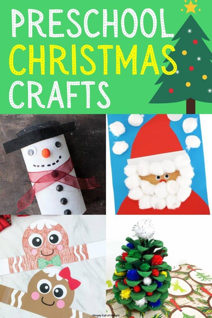 Preschool Christmas Crafts for kids - amazingly easy Christmas crafts for 4 year olds and  even toddlers.  Find the perfect Christmas crafts for kids.  Shown: toilet paper roll snowman, cotton ball santa, gingerbread man hat, and pinecone christmas tree