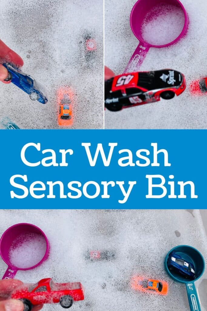 car wash sensory bin - a fun play car wash sensory activity for toddlers and preschoolers.  Shown - red truck in soapy water with other cars and scoops